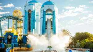 Log flume boat splashing at water park