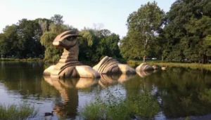 Large stone serpent sculpture in park pond